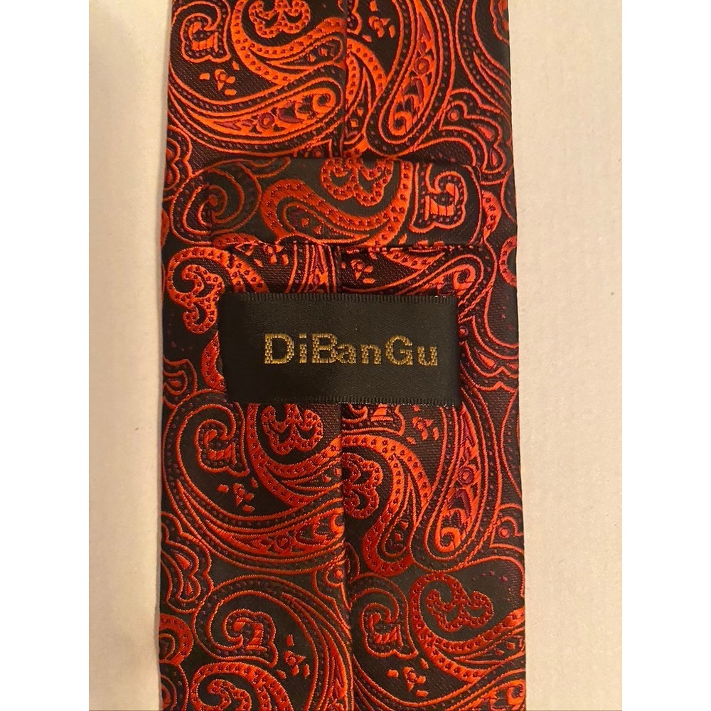 DiBanGu Mens Silk Necktie Orange Black Paisley Woven Hand Tailored Italian Style
